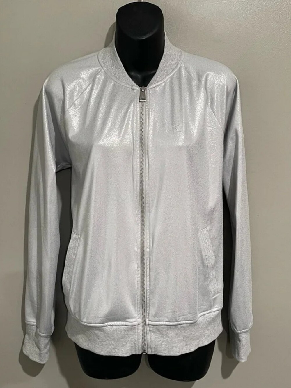 Ralph Lauren Silver Shimmer Zip Up Metallic Bomber Jacket Medium